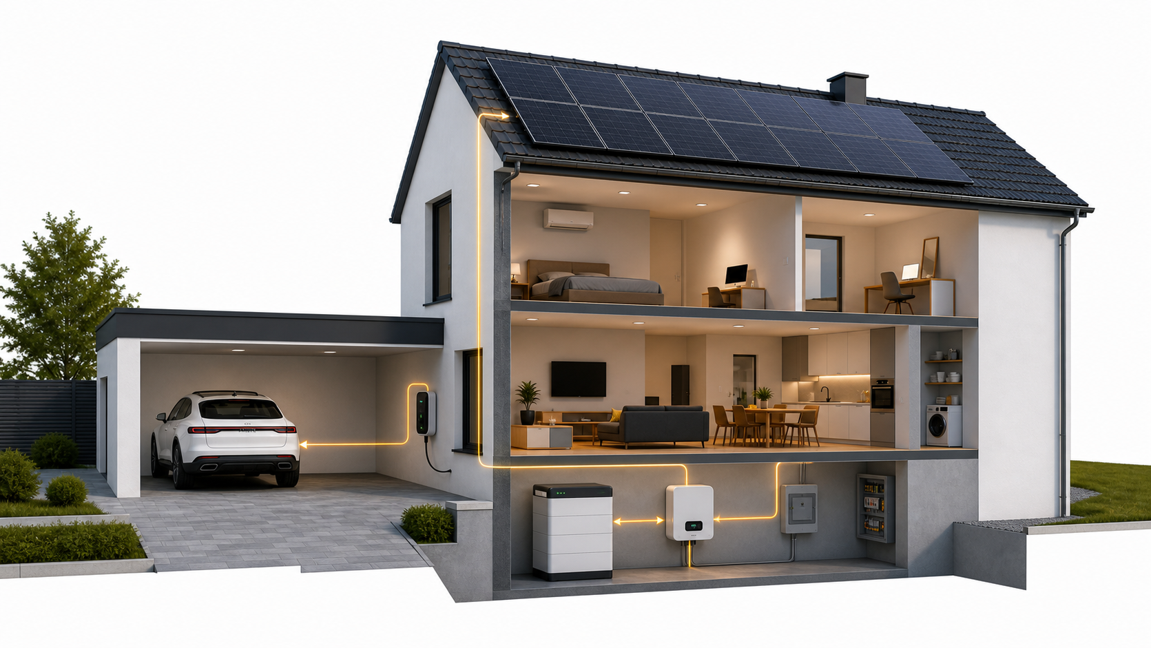 Haus mit Photovoltaik, Batteriespeicher, Wallbox und gelben Energieflusslinien