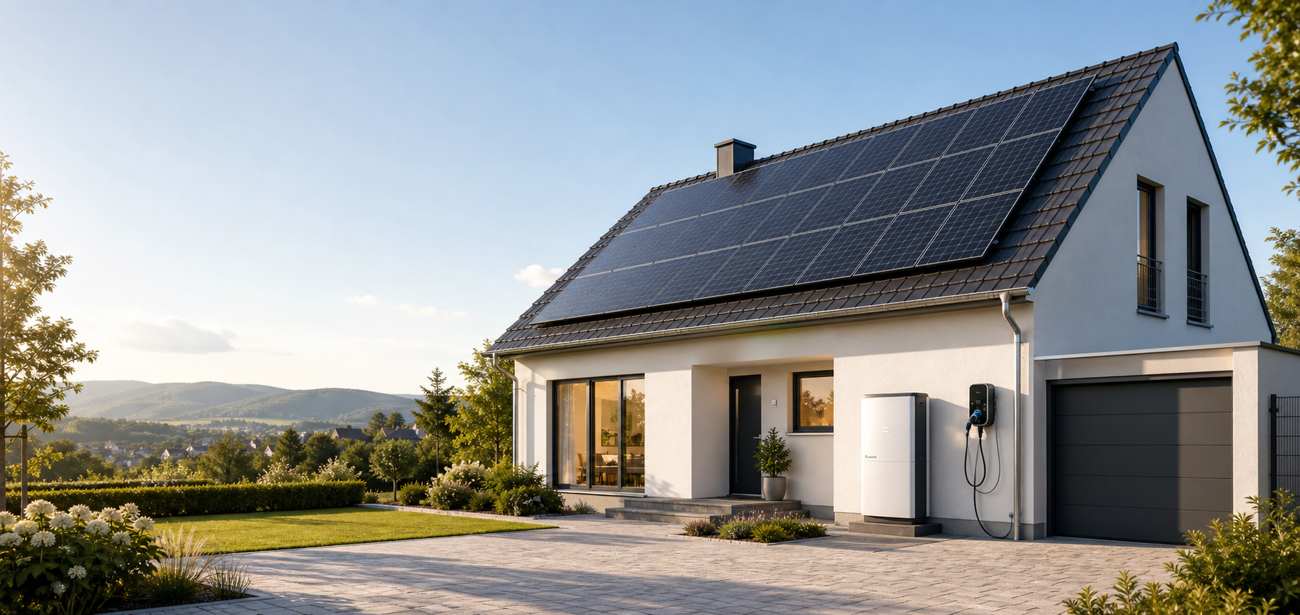 Modernes Haus mit Photovoltaikanlage, Batteriespeicher und Wallbox